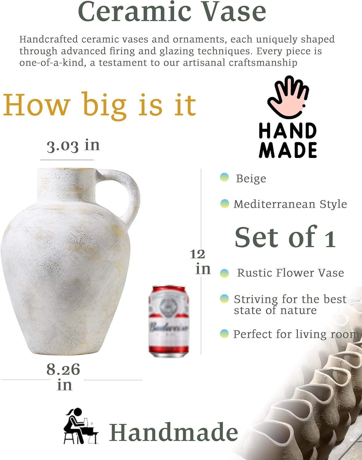 Large Rustic Ceramic Flower Vase 30.5cm Beige Farmhouse Jug Handle Decor