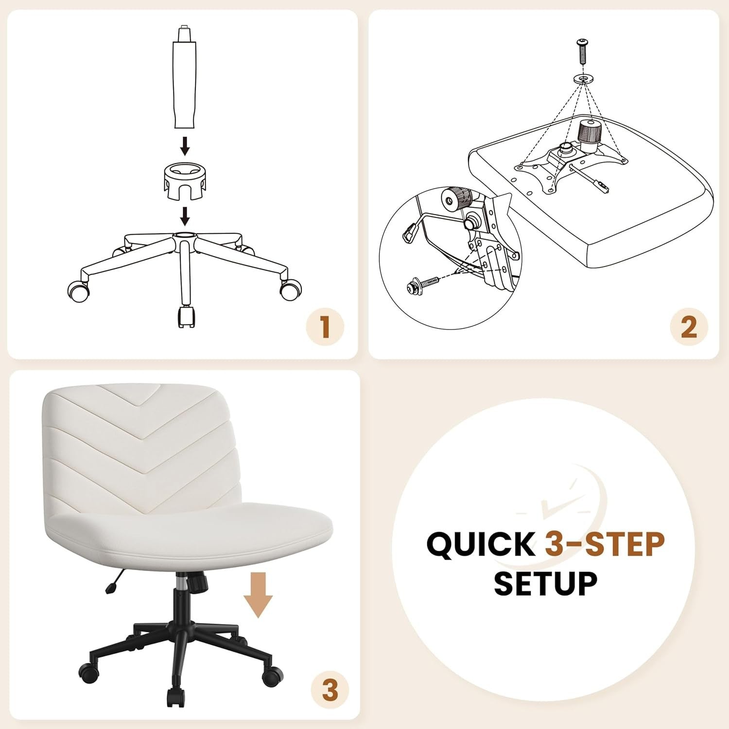 Armless Office Desk Chair Padded Cross Legged Swivel Adjustable Height Beige