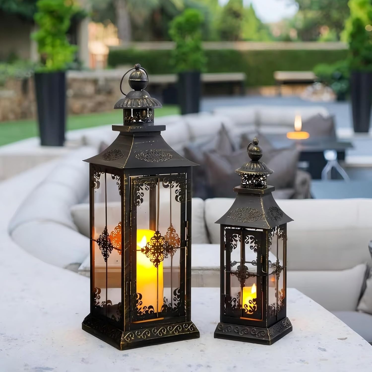 2 Pack Black Vintage Metal Candle Lanterns Indoor Outdoor