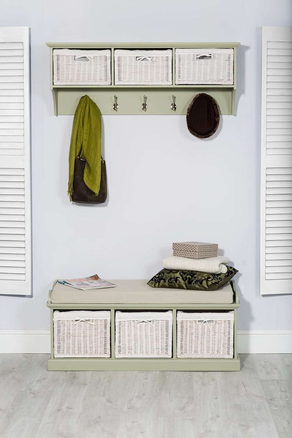 Tetbury Wall Mounted Coat Rack with 3 Storage Baskets | Hanging Shelf 113cm Wide