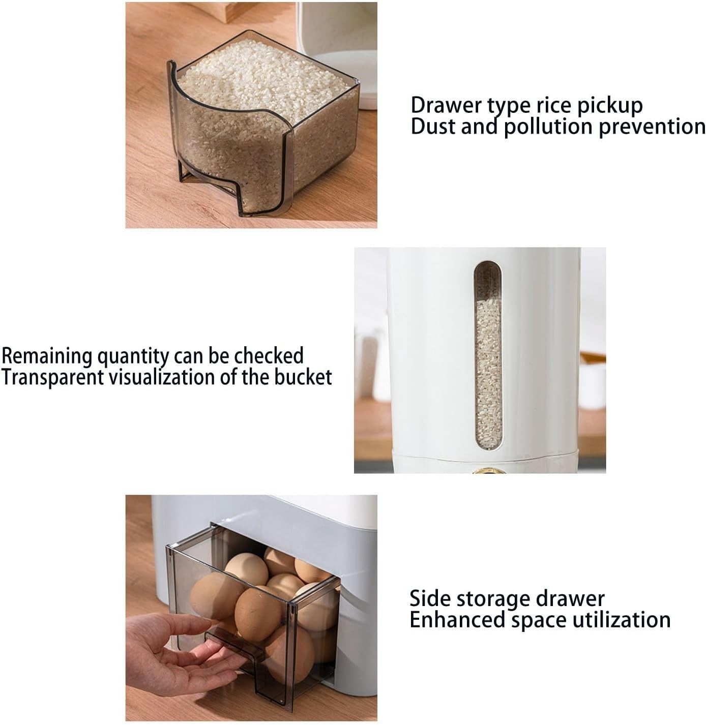 10KG Press Rice Dispenser PP Sealed Slim Grain Storage Bin Gray