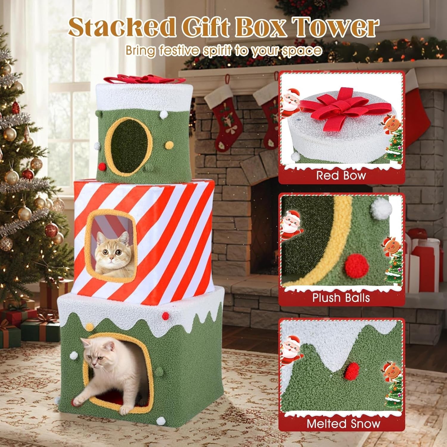 3 Tier Stackable Cat House Condo Green Red White Plush Indoor Cat Hideaway