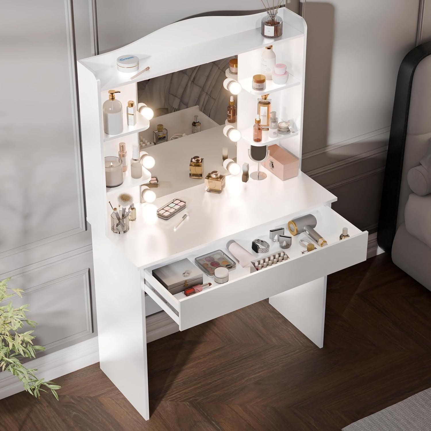 Modern White Dressing Table Vanity Mirror 10 LED Lights Storage Drawer & Shelves