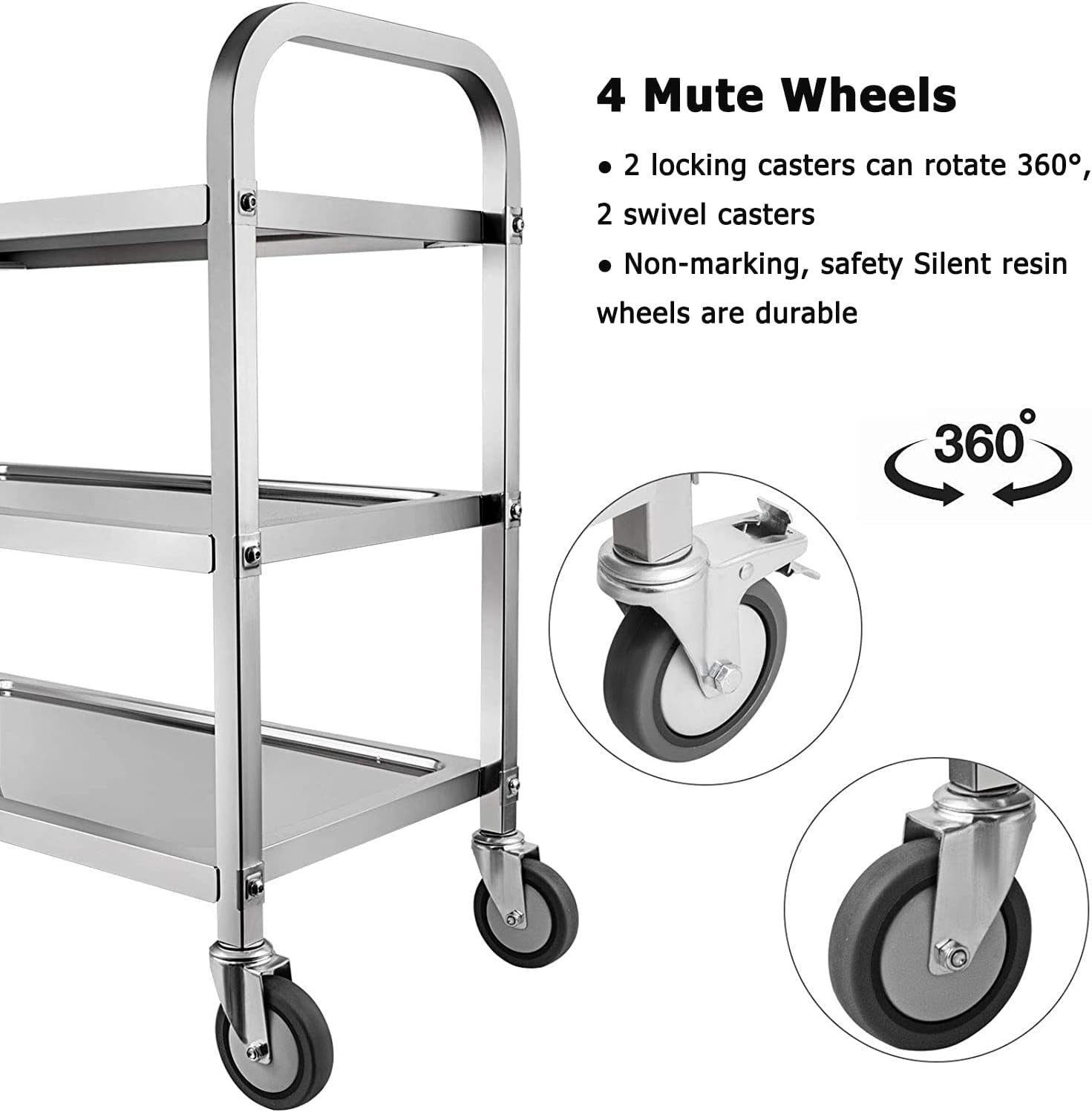 Stainless Steel 3 Tier Catering Trolley Cart w/ Locking Wheels