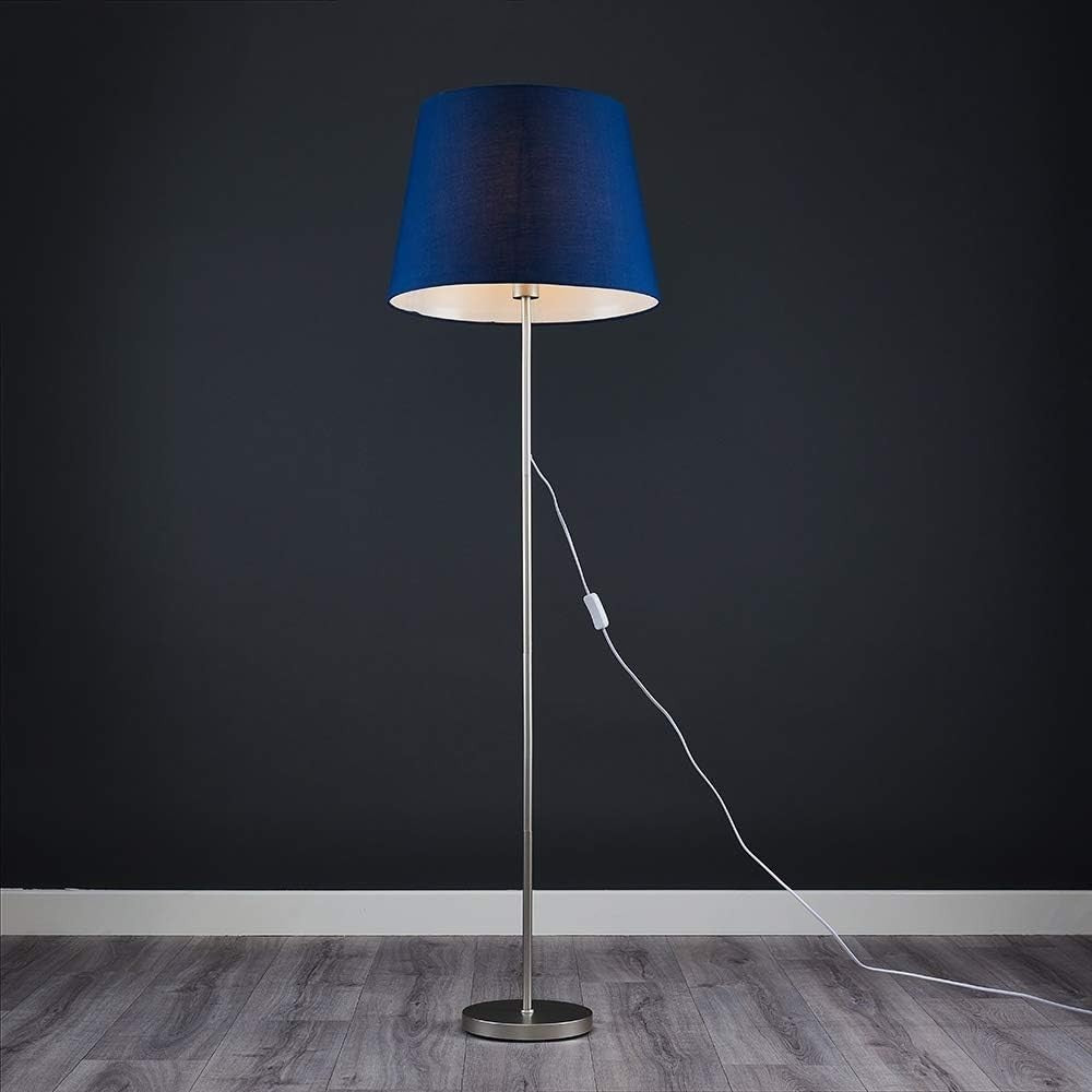 Modern Chrome Floor Lamp Large Navy Blue Tapered Shade LED Standing Light