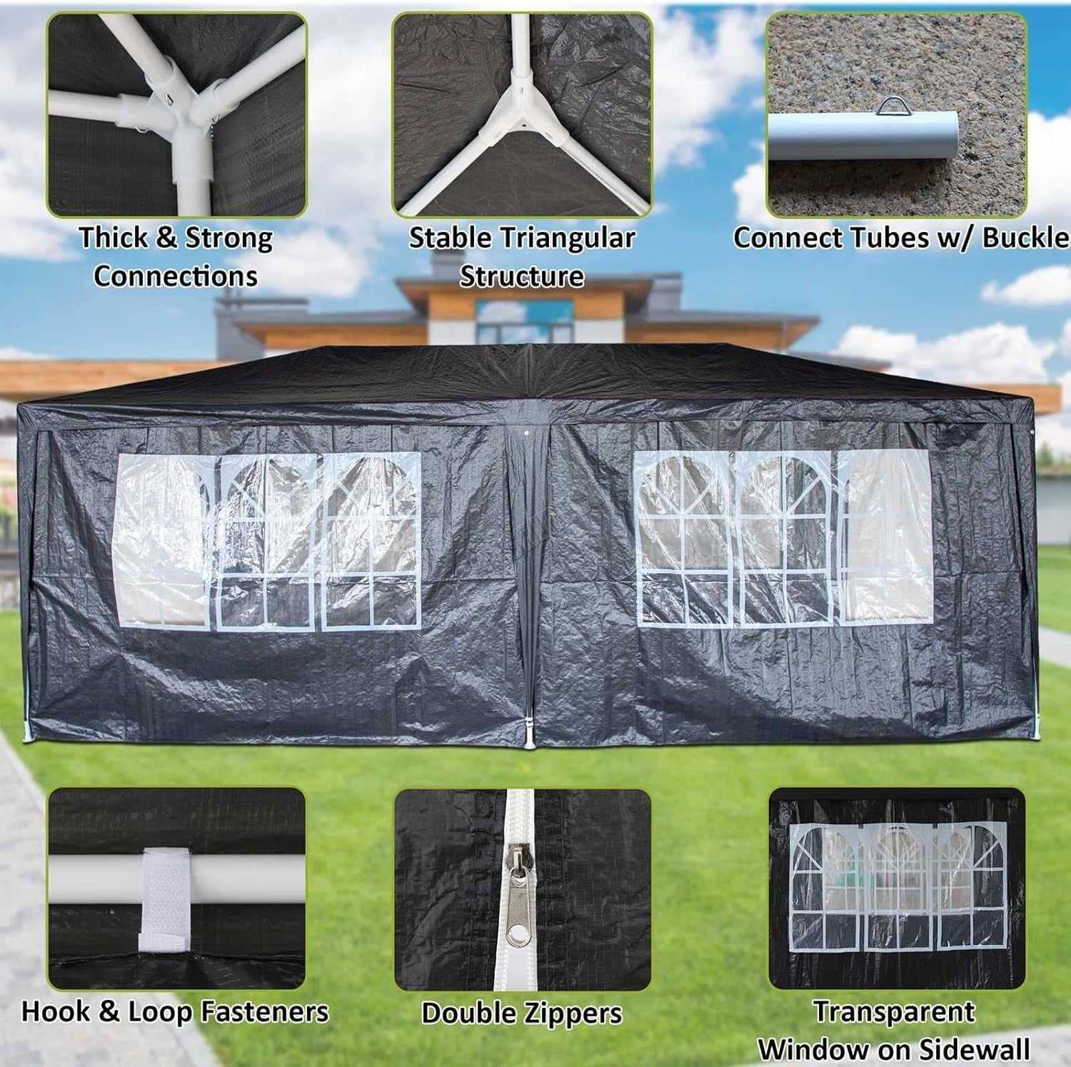 3x6M Steel Frame Gazebo With 6 Sidewalls Waterproof Garden Party Tent Grey
