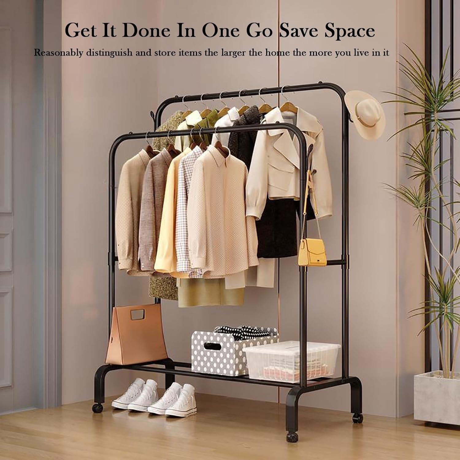 Heavy Duty Double Clothes Rail with Shelf & Wheels – Black
