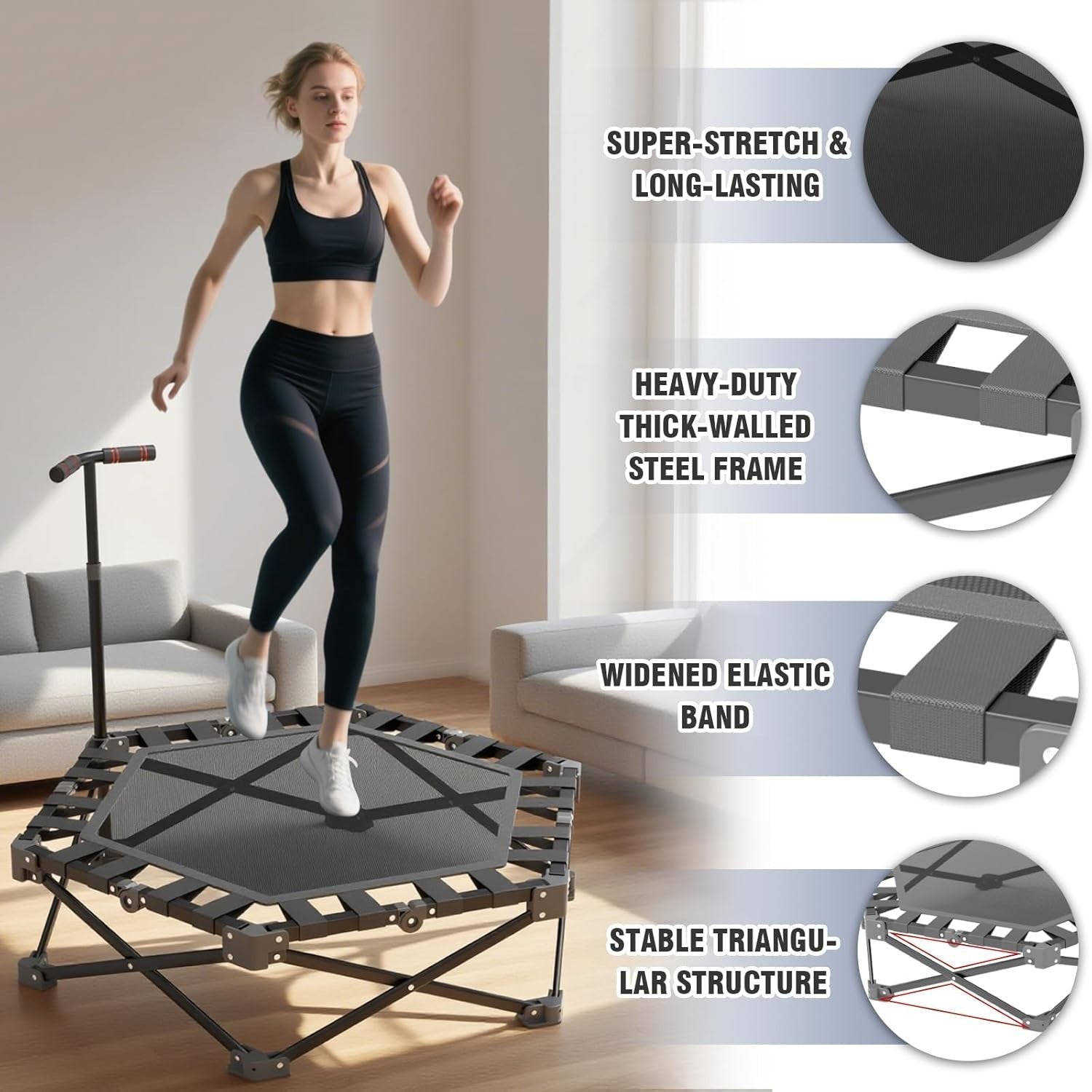42” Fitness Trampoline Rebounder Adjustable Handle One-Click Fold 300KG