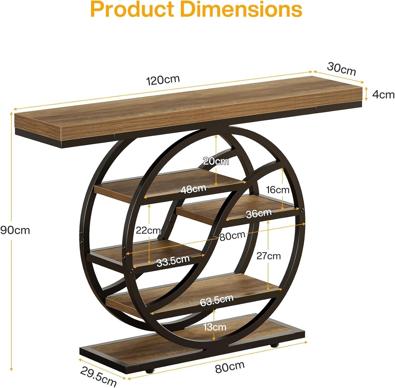 Industrial Console Table with Circle Base, 5-Tier Shelf, Narrow Entryway Decor