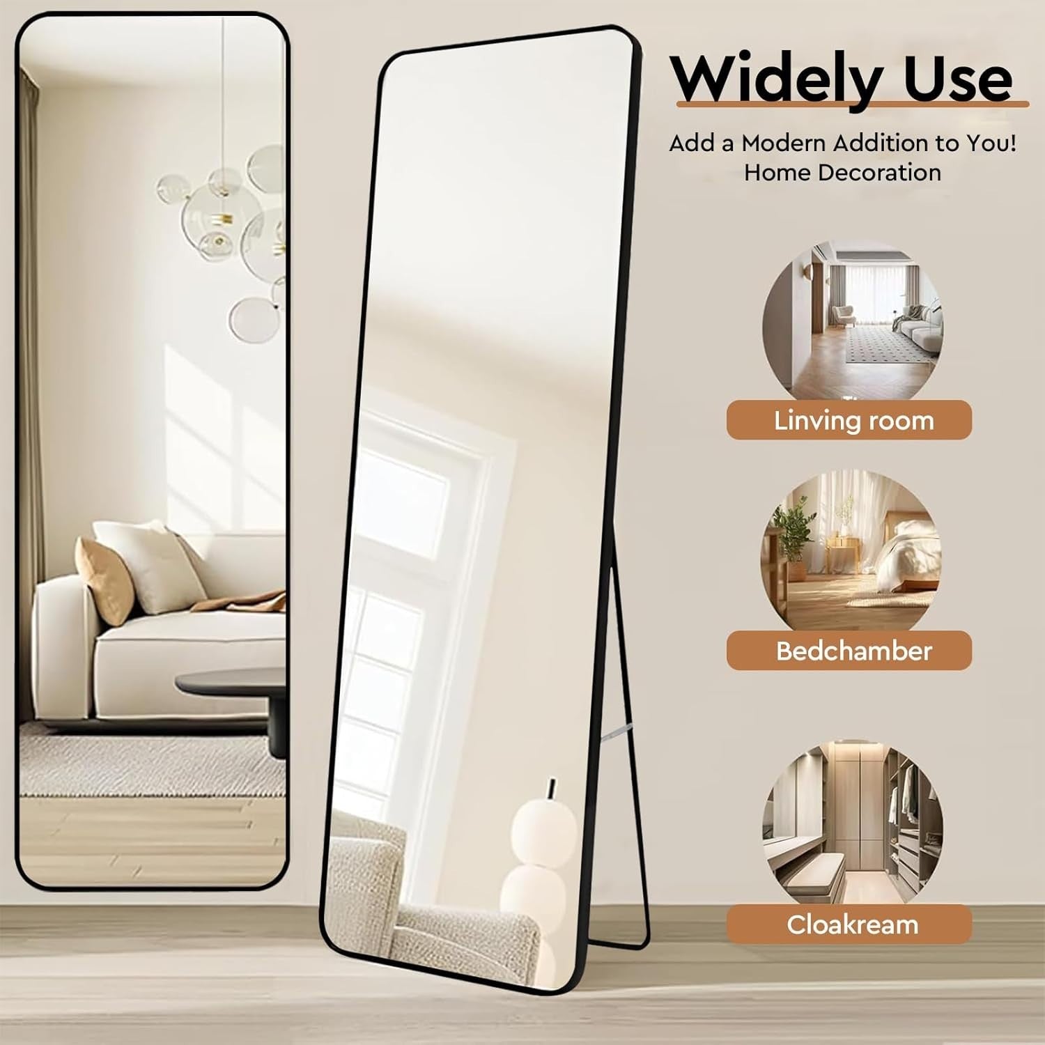 Full Length Floor Mirror 160x40cm with Stand, Sleek Black Frame