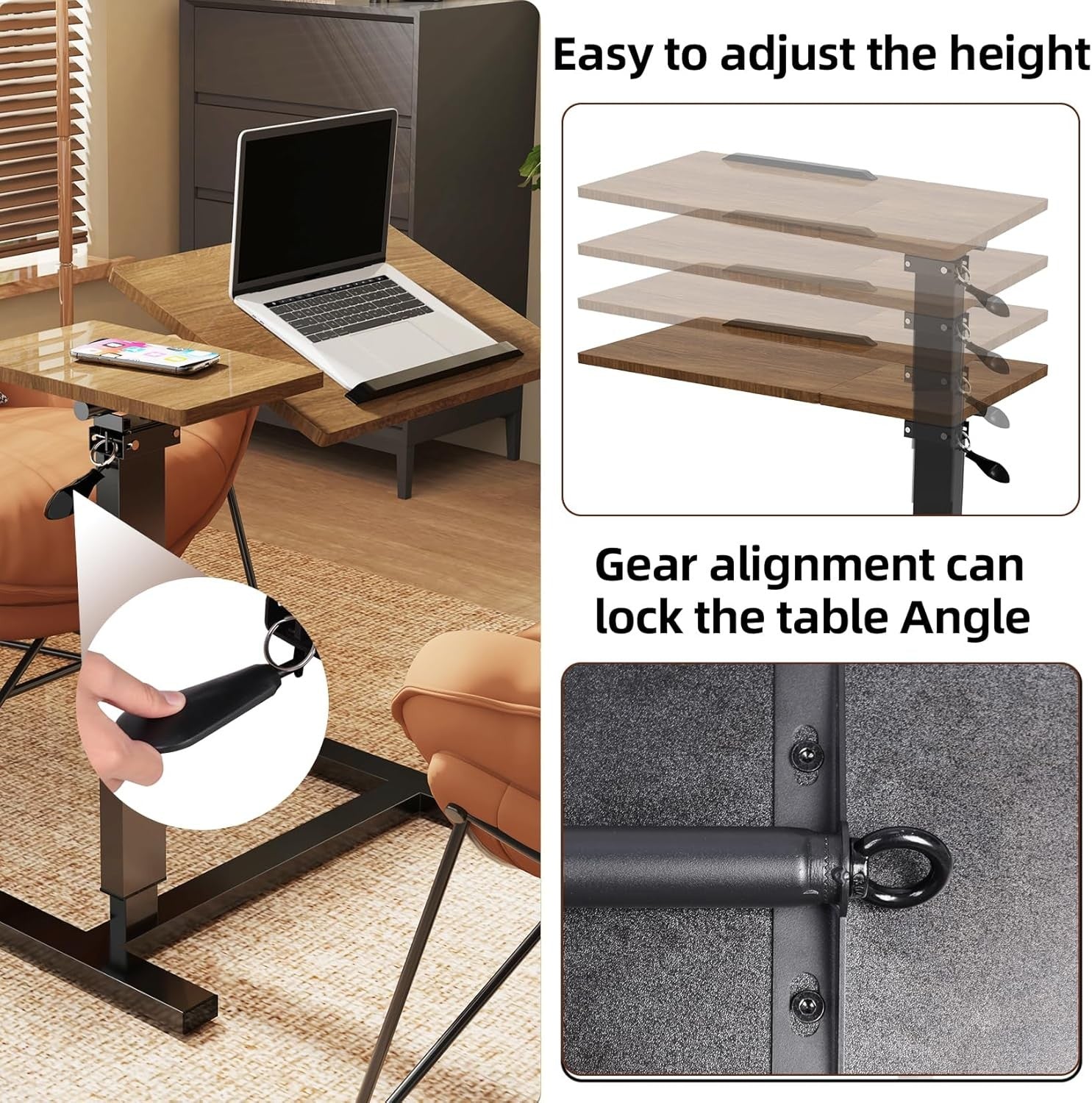 Brown Overbed Table Adjustable Height C Shape Rolling Laptop Desk