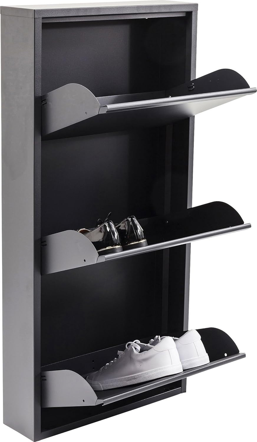 Slim Grey Shoe Cabinet 3 Flip Compartments Space-Saving Storage Rack