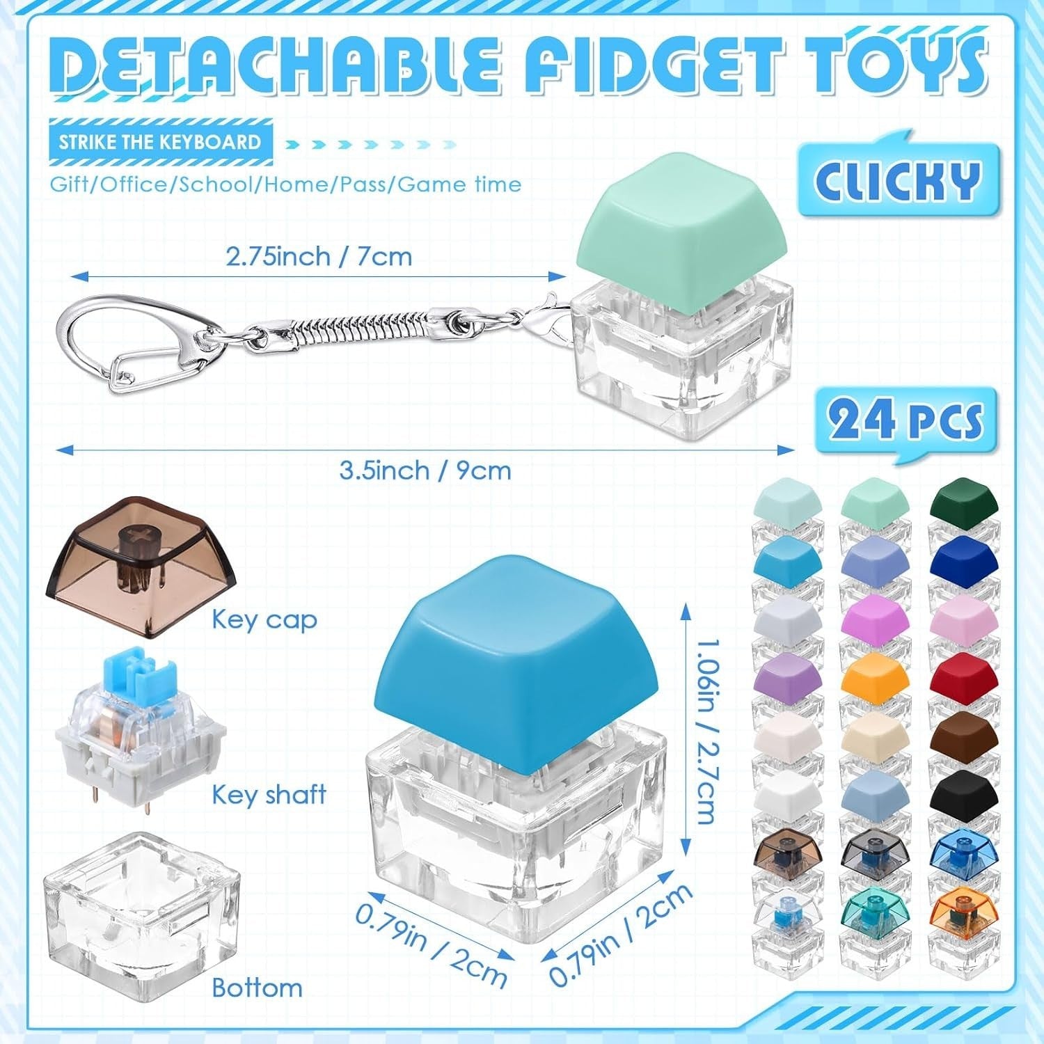 24pcs Transparent Keyboard Clicker Fidget Keychain Stress Relief Toy