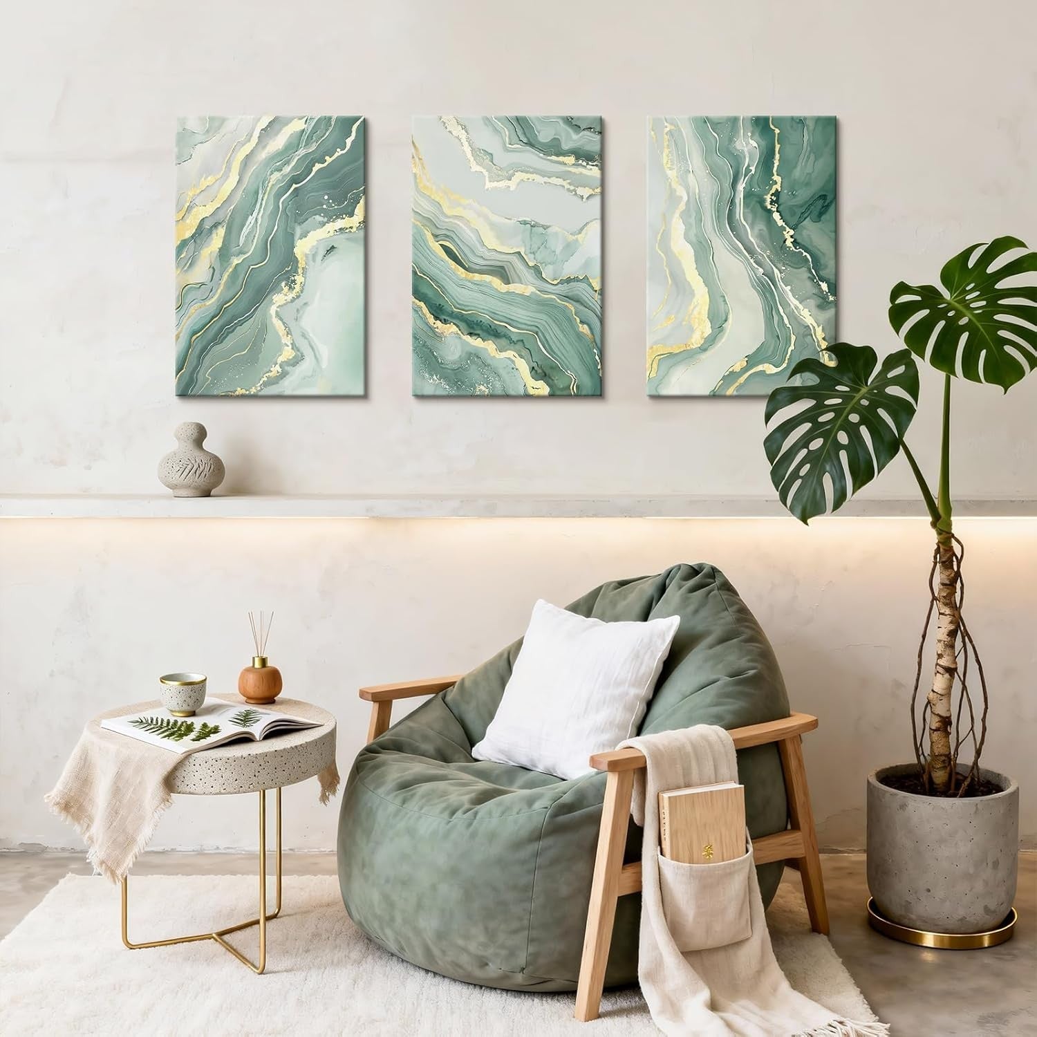 Sage Green Gold Abstract Canvas Wall Art Set 3 Modern 40x60cmx3