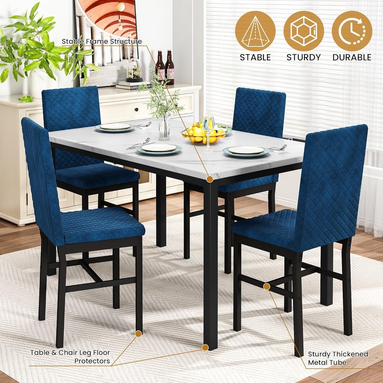 5-Piece Dining Table Set with Faux Marble Top & 4 Velvet Chairs, White & Blue