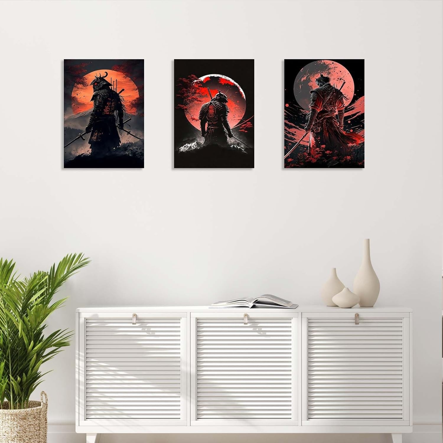 Set of 3 Samurai Warrior Canvas Wall Art 12x16 Framed Japanese Decor