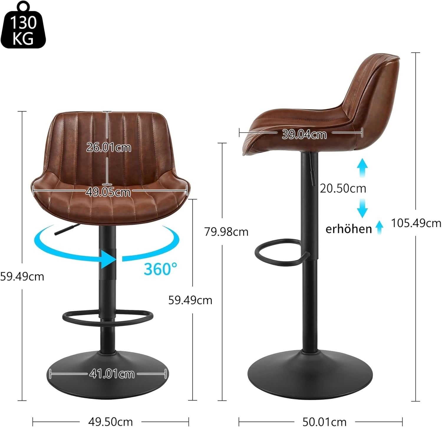 Cognac Brown Bar Stools Set of 2 | Memory Foam Seat, Adjustable Swivel