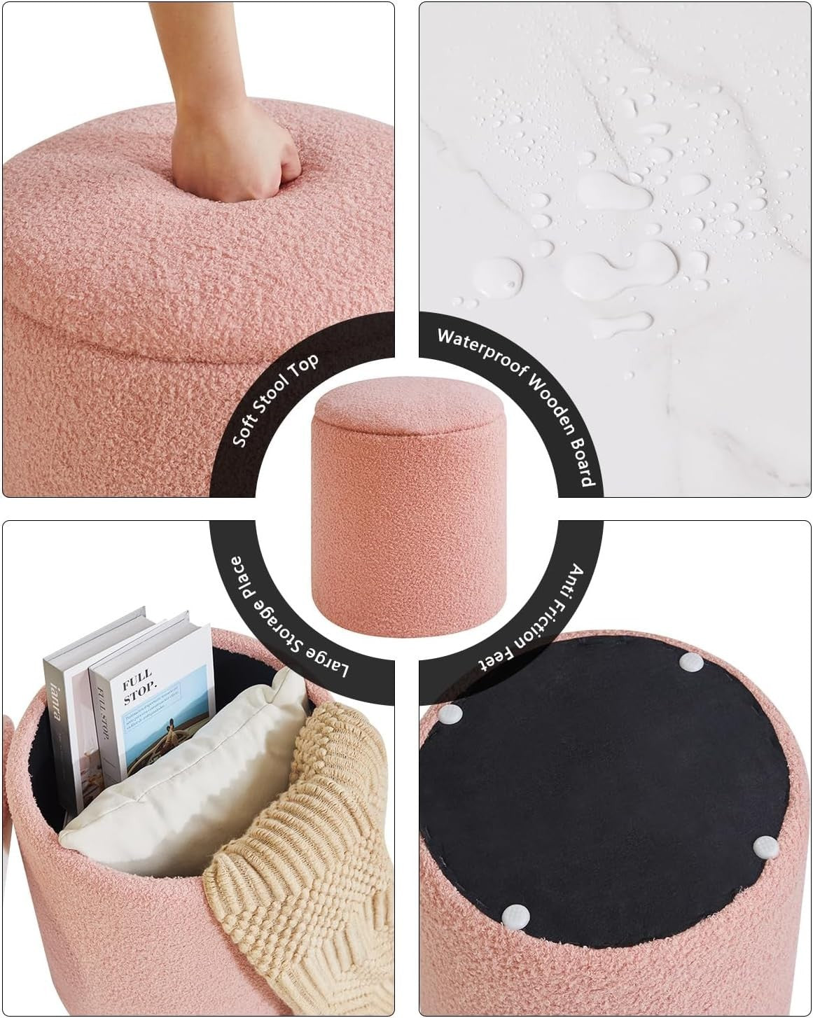 Set of 2 Round Storage Ottomans – Fleece Vanity Stools, Footrest & Side Tables