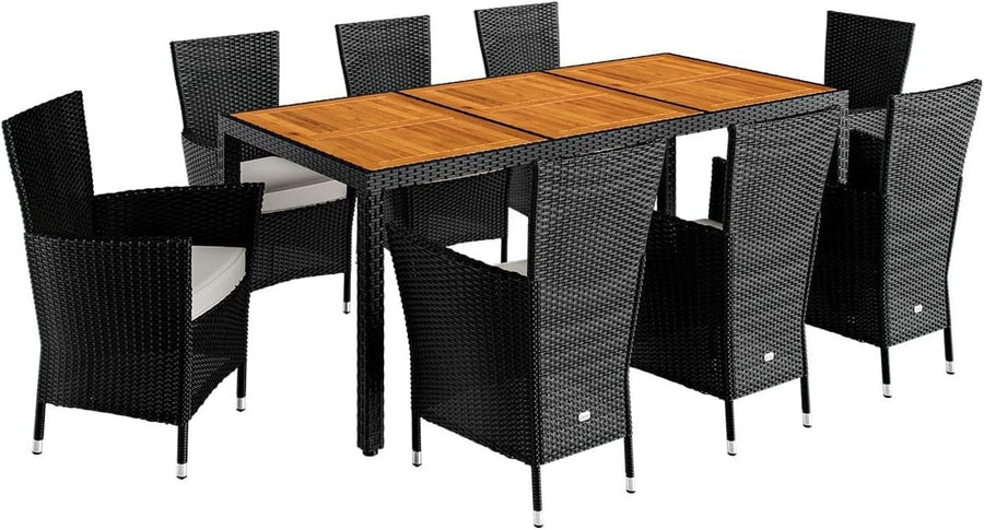 9 Piece Rattan Garden Dining Set 190x90 Table 8 Stackable Chairs Cushions