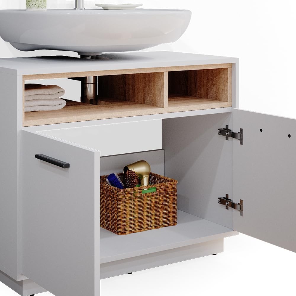 White Bathroom Sink Cabinet Vanity Storage Unit with Oak Shelves 80x64cm