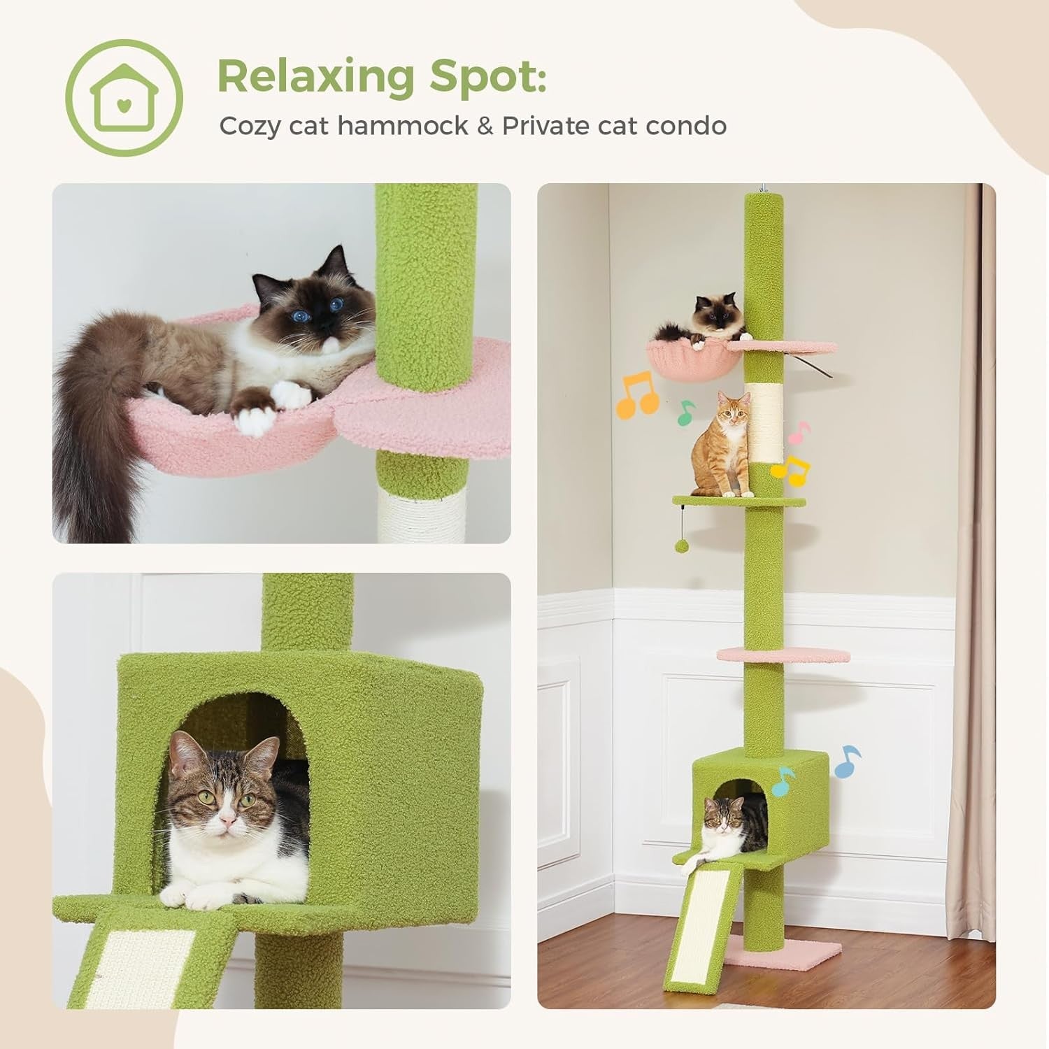 Floor to Ceiling Cat Tree Adjustable 216–273cm Tower Hammock Scratcher