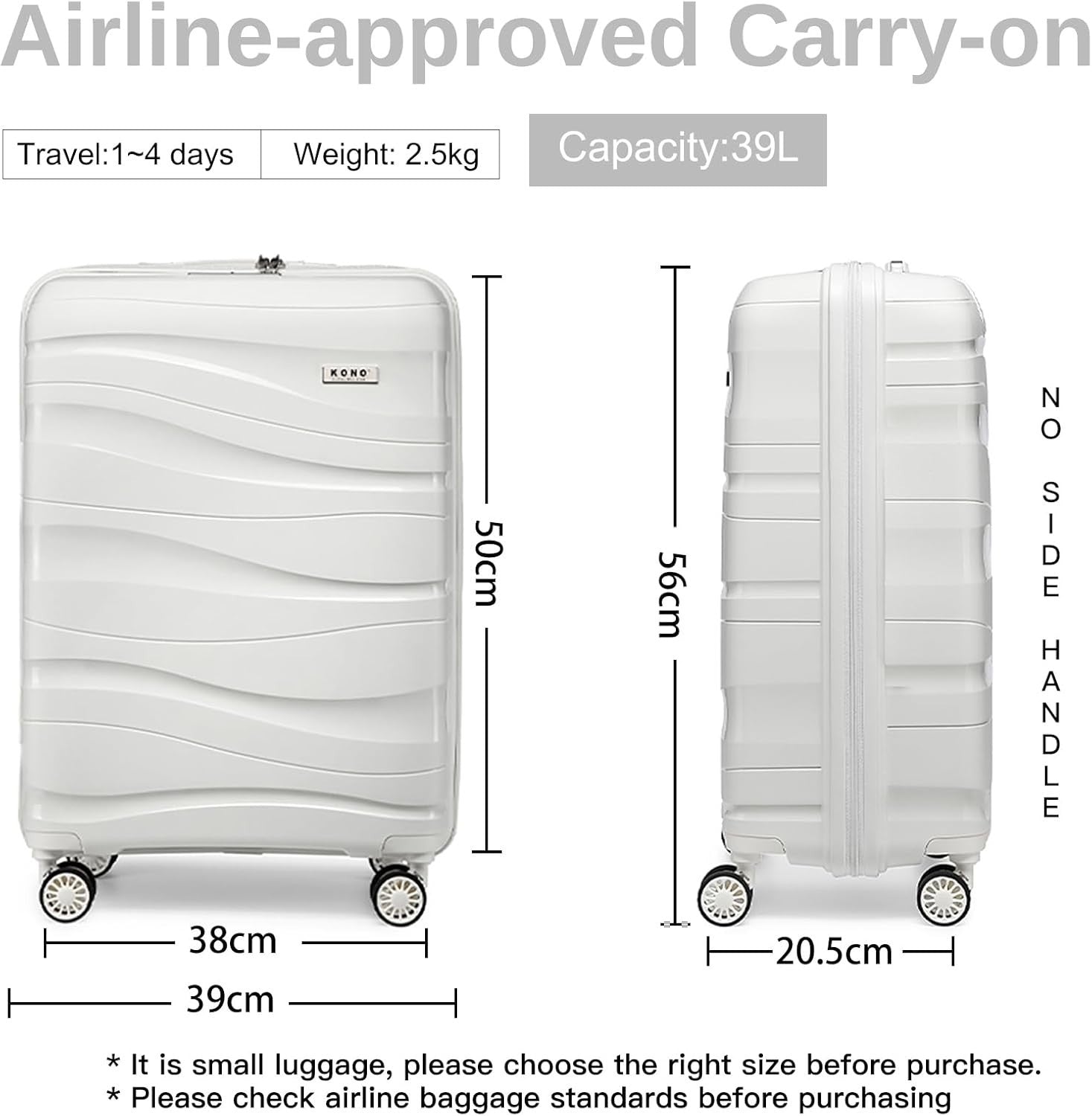 Carry On Cabin Suitcase Polypropylene Lightweight Hard Shell TSA Spinner