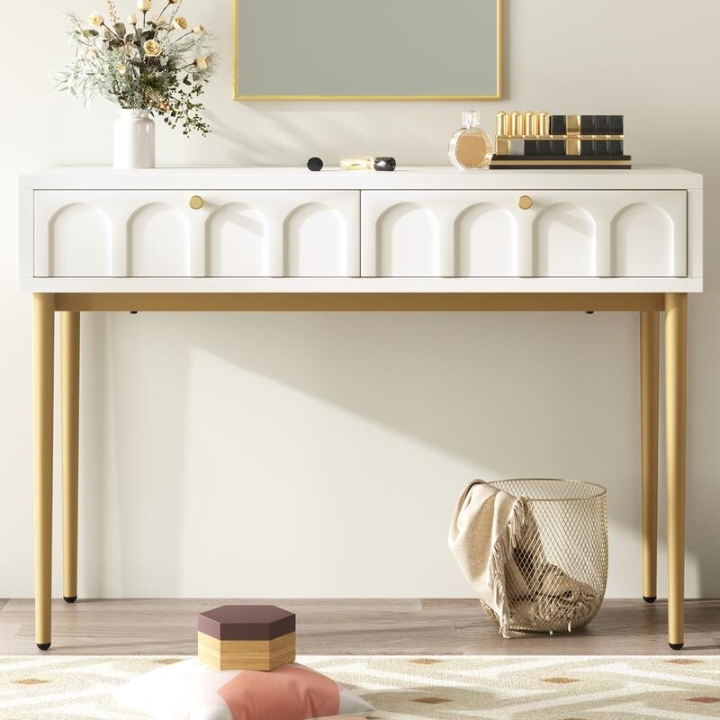 White Dressing Table with 2 Drawers & Gold Legs – Bedroom Makeup Desk