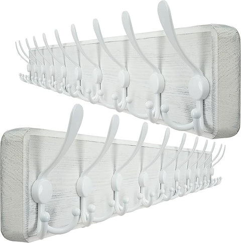 Rustic White Wall Mounted Coat Rack 2 Pack 98cm | 10 Triple Hooks Wooden Hanger