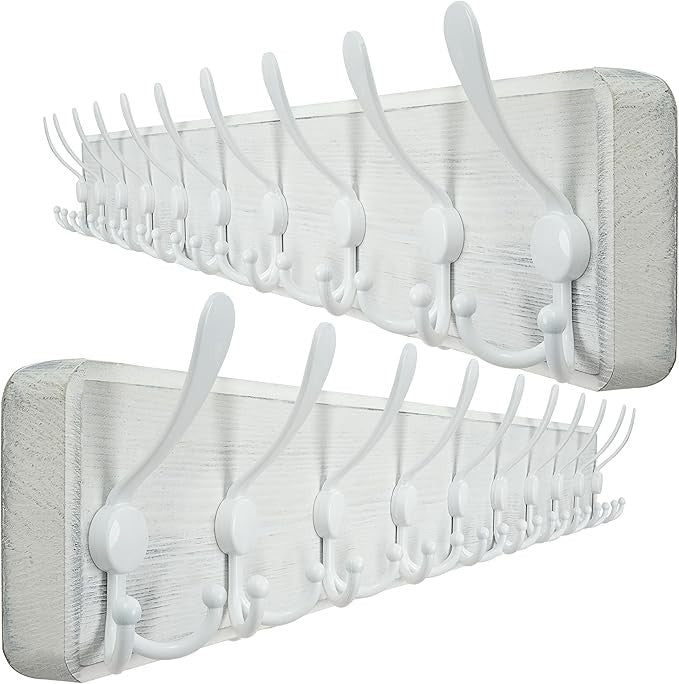 Rustic White Wall Mounted Coat Rack 2 Pack 98cm | 10 Triple Hooks Wooden Hanger