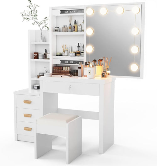 Vanity Set Makeup Desk White LED Mirror Sliding Storage Stool 4 Drawers Bedroom