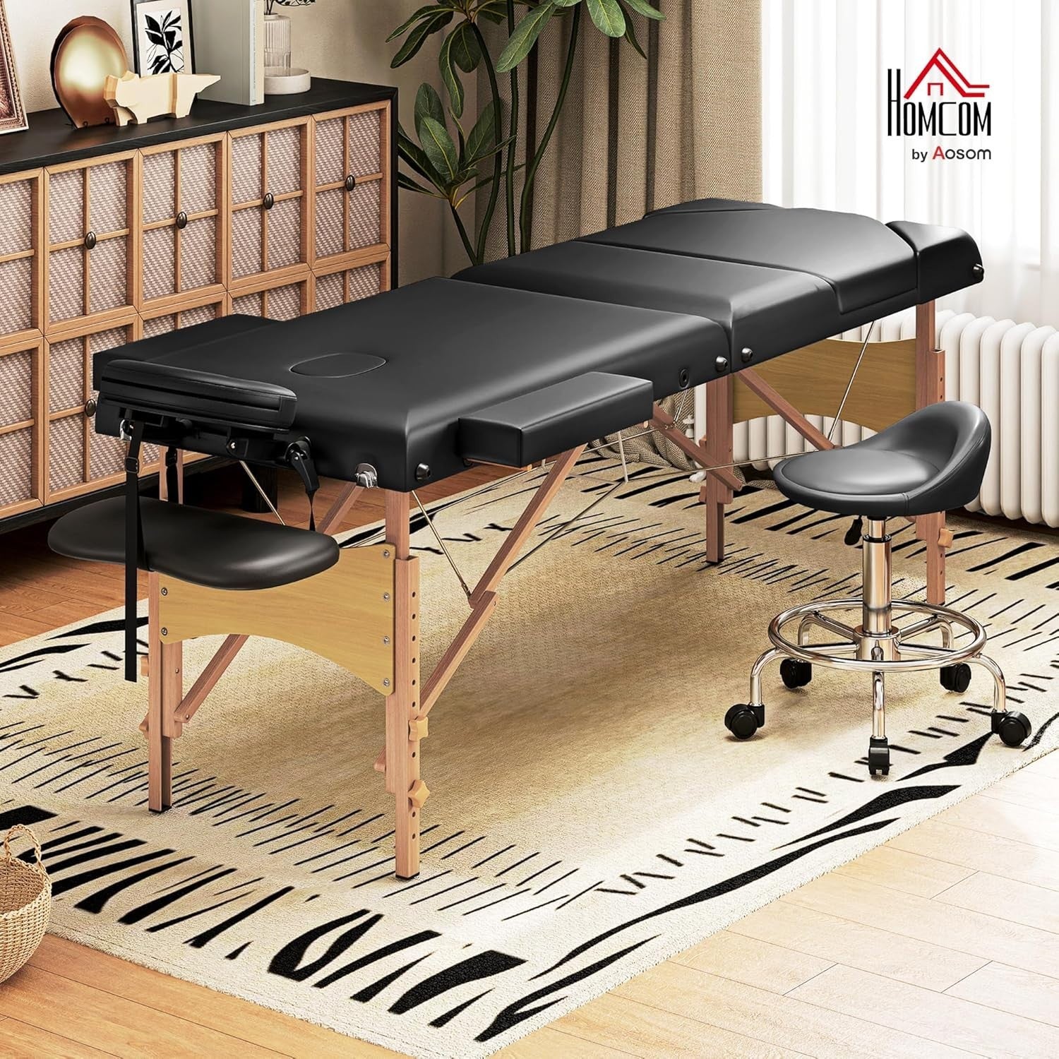 Portable 3-Section Massage Table Adjustable Wooden Beauty Bed w/ Face Cradle
