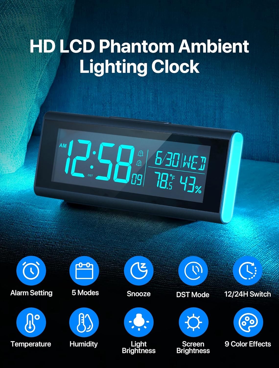 Large LED Alarm Clock Color Night Light Temperature Display Heavy Sleepers