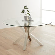 Round Glass Dining Table 150cm Grey Starburst Metal Base 6 Seater