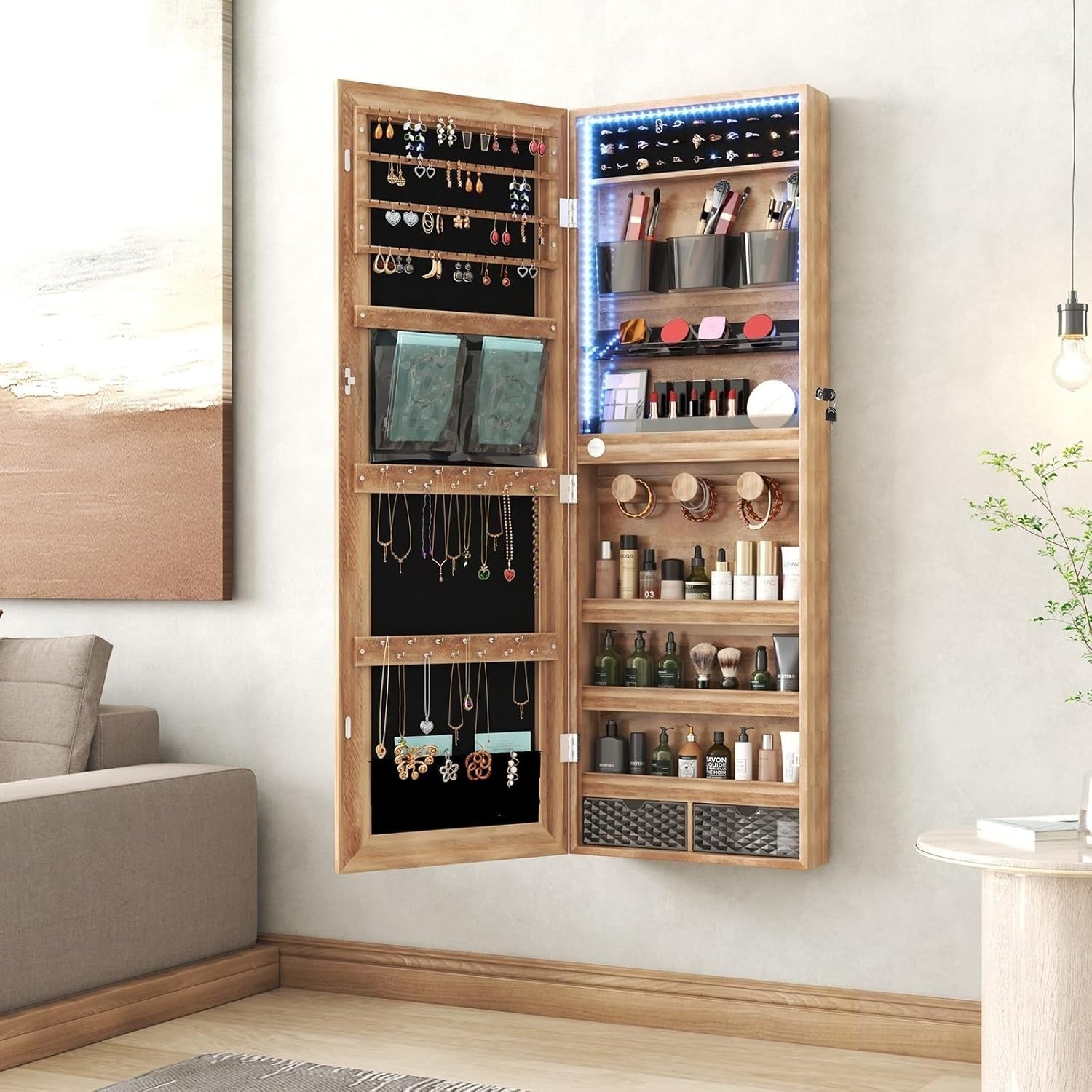 LED Full Length Jewelry Mirror Organizer Lockable Storage Armoire