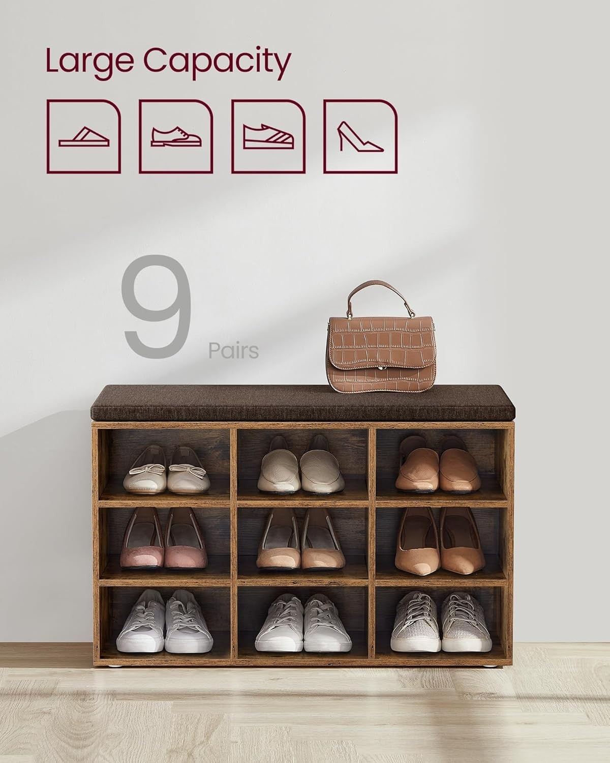 Rustic Shoe Storage Bench with Cushion – 9 Compartment Hallway Organiser 78cm