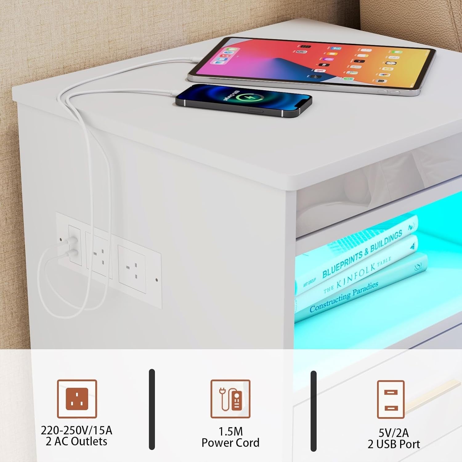 White LED Bedside Table with USB Charging Ports, Lockable Drawers & RGB Lights
