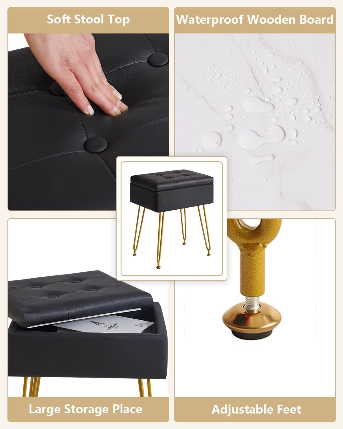 Black PU Leather Vanity Stool with Storage & Flip Tabletop – Metal Legs