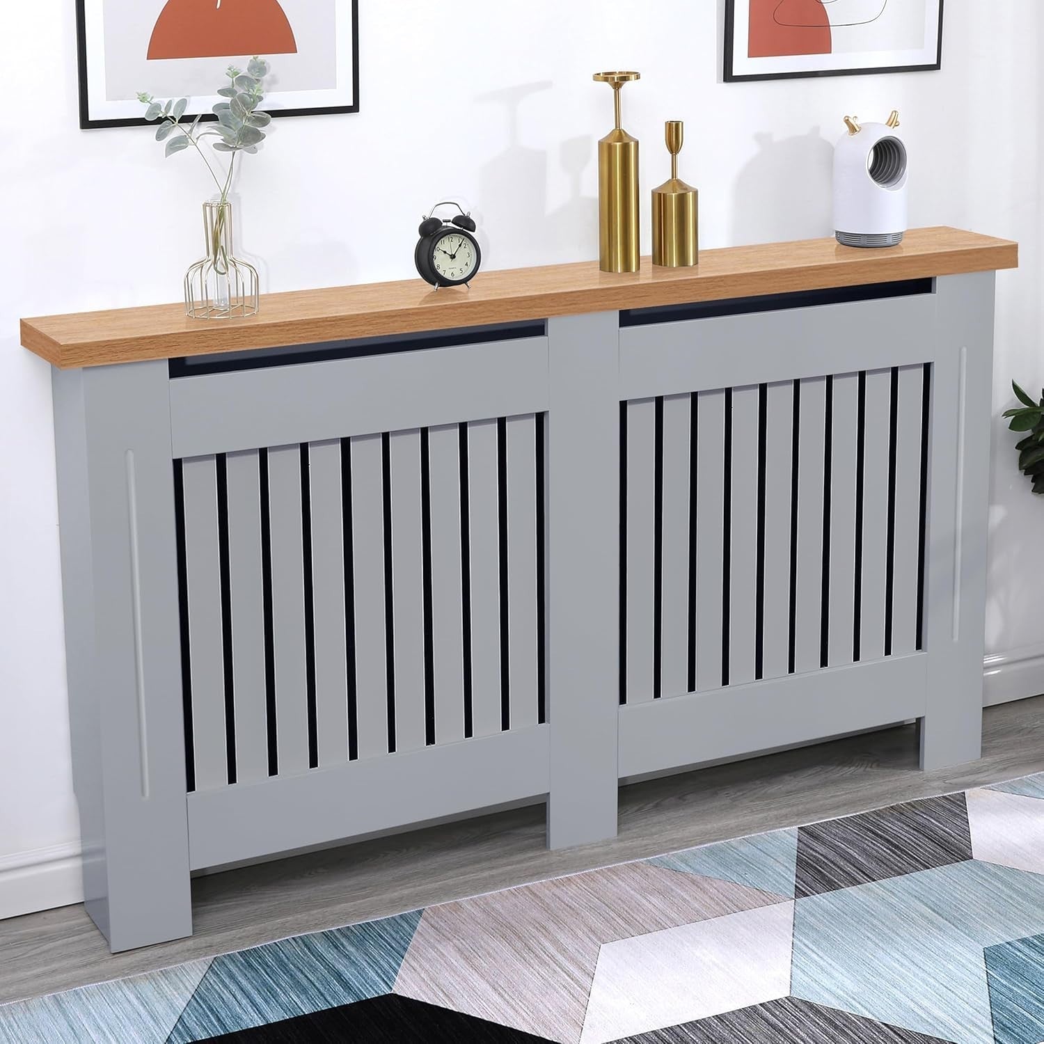 Radiator Cover Large Grey Oak Modern MDF Slatted Cabinet With Shelf 152cm
