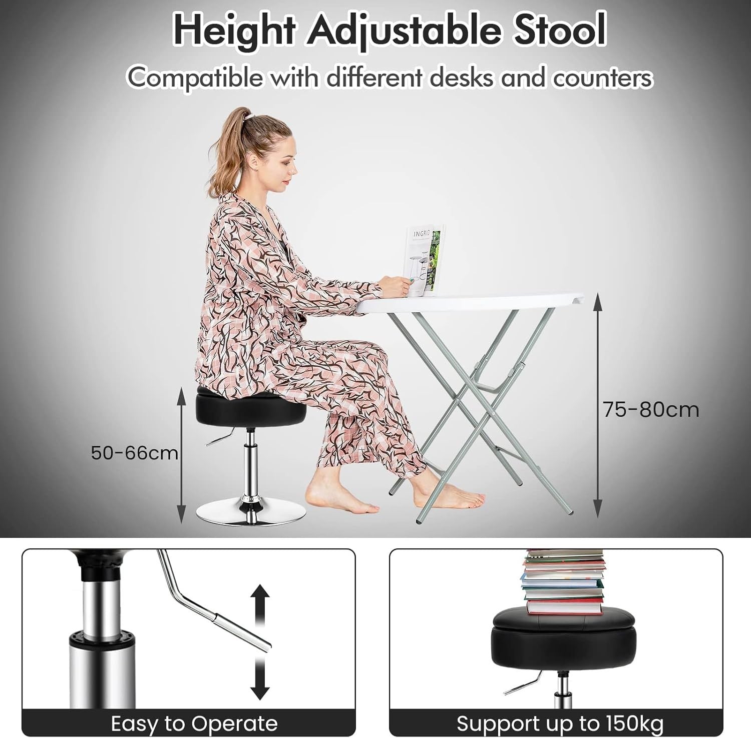 Black PU Leather Swivel Vanity Stool Adjustable w/ Storage & Tray Lid Round Seat