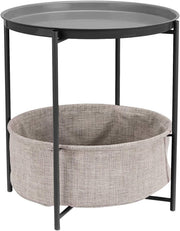 Round Storage End Table Charcoal Grey with Fabric Bin 45x45x48cm Modern