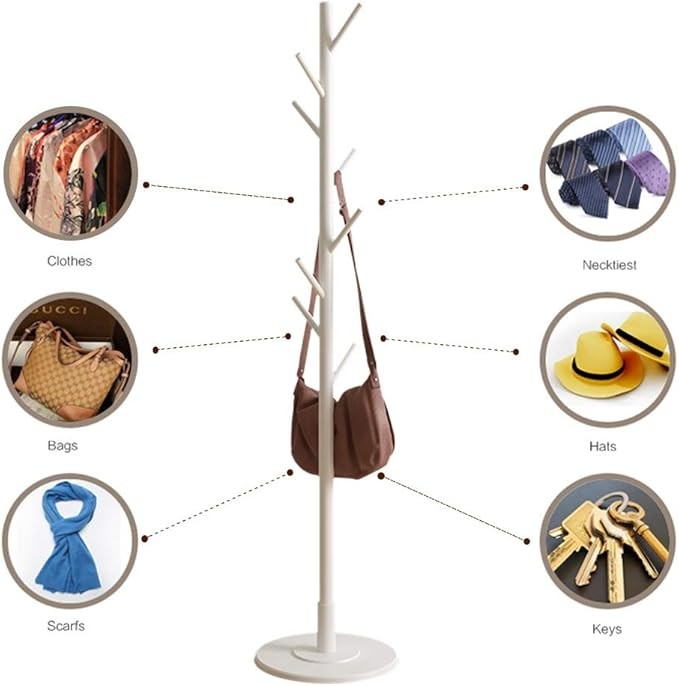 Wooden Standing Coat Rack Tree White Clothes Hanger Organizer for Home Hallway