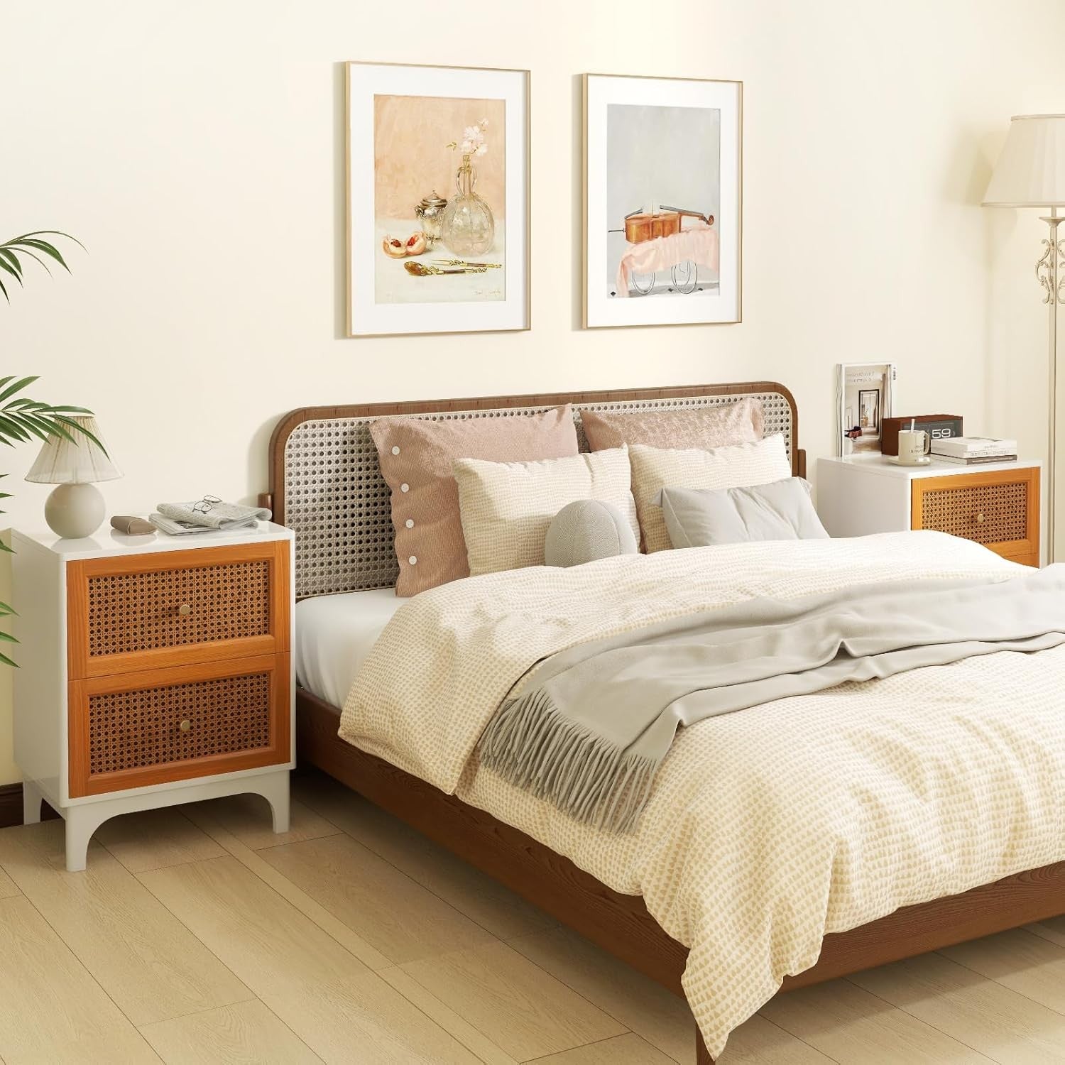 Rattan Bedside Table with Storage Drawers – Modern Wooden Nightstand 46×33×60cm
