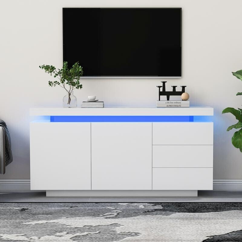 White High Gloss Sideboard LED Cabinet 2 Doors 3 Drawers Modern Unit