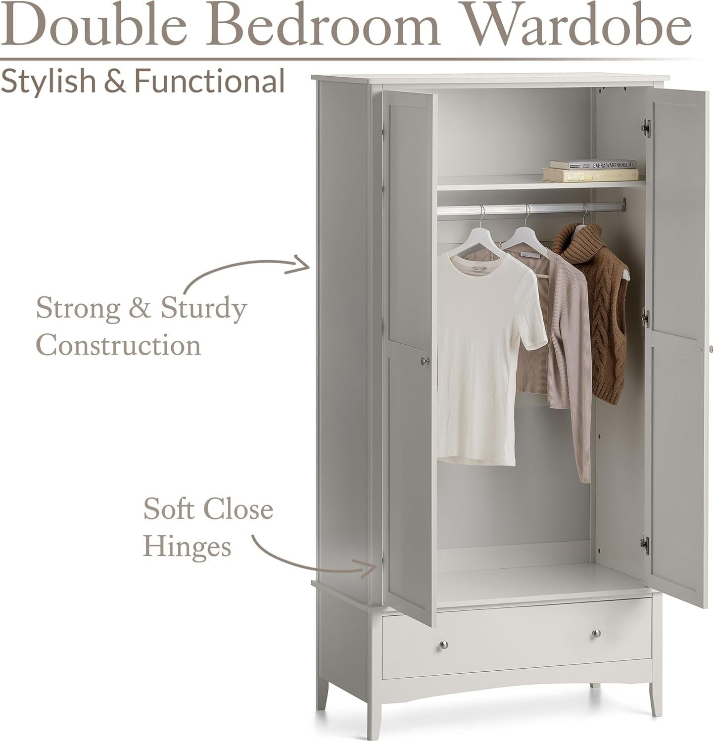 Natural Stone Double Wardrobe with Drawer | Soft Close Doors | Clothes Rail