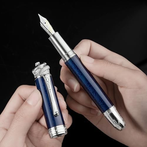 Ocean Blue Piston Fountain Pen Fine Nib Snake Engraved Metal Gift Set