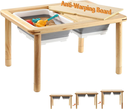 Adjustable Kids Sensory Table with 2 Storage Bins, Sand & Water Play, Pine Wood