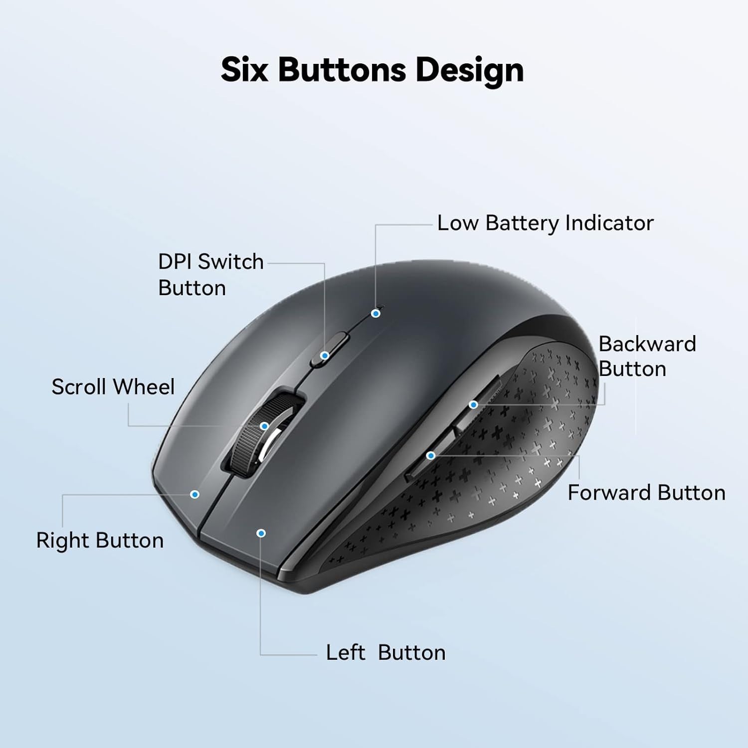 Bluetooth Wireless Mouse 4800DPI Ergonomic Silent Click Long Battery Grey