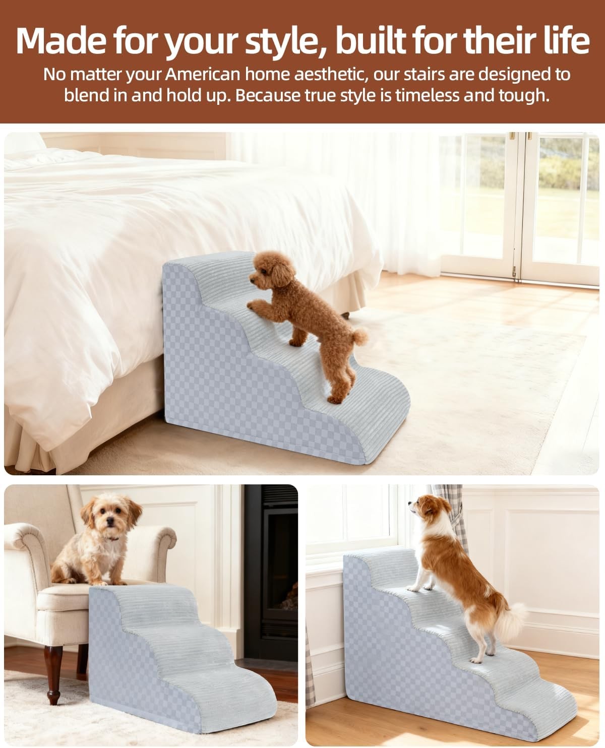 Dog Stairs Ramp 15.7" 3-Step Small Dogs Non-Slip Grey