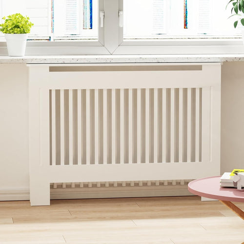 High Radiator Cover White MDF Cabinet | Vertical Slats Modern Shelf 111cm