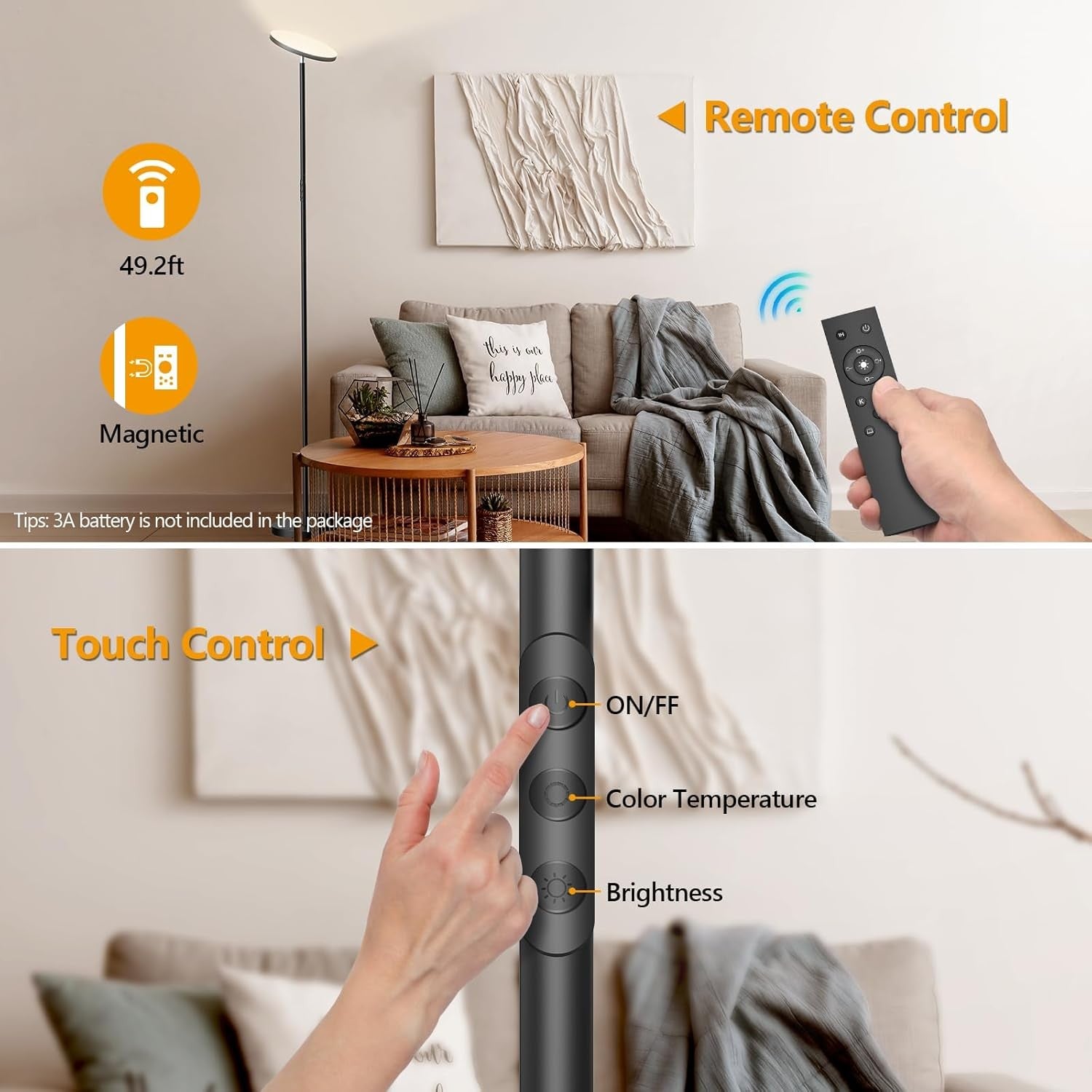 LED Uplighter Floor Lamp Dimmable 2700K-6500K Remote Touch Reading Light